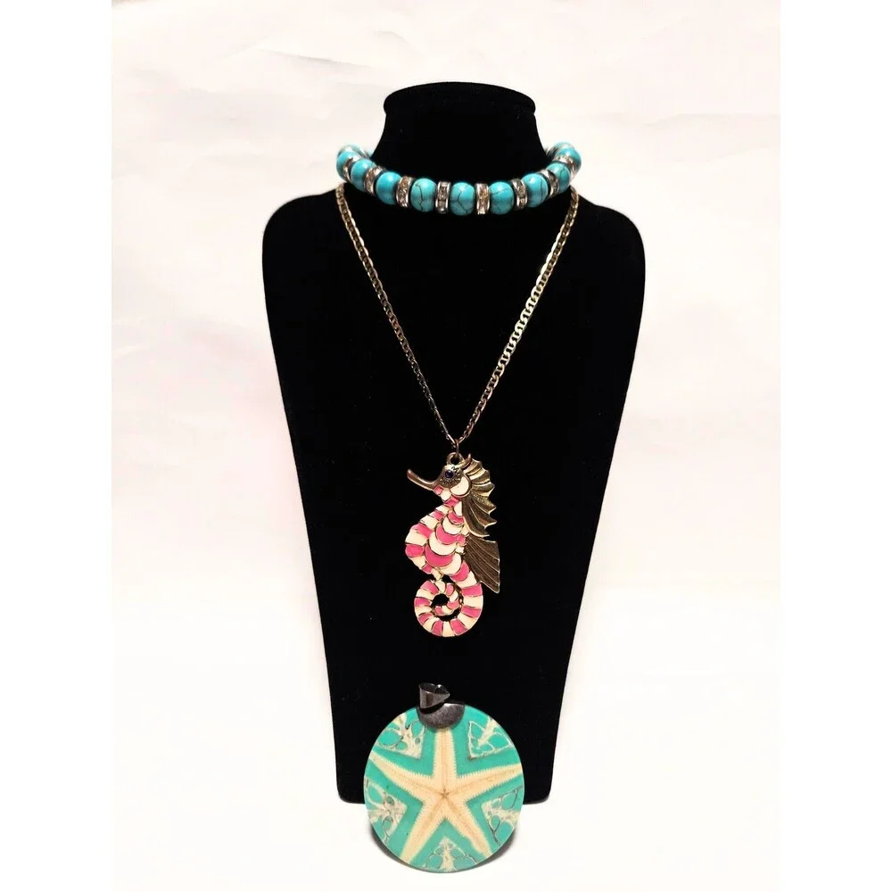 Betsey Johnson Seahorse Pendant Necklace & Turquoise Bead Bracelet Jewelry Set